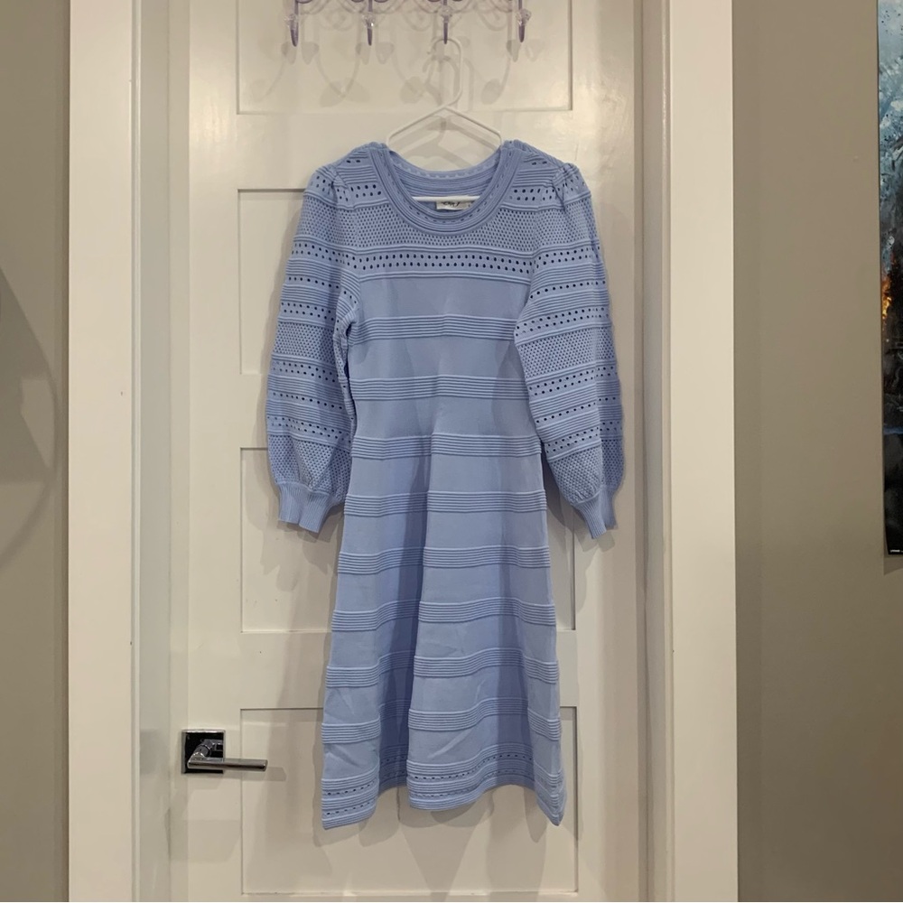 blue knit eyelet dress